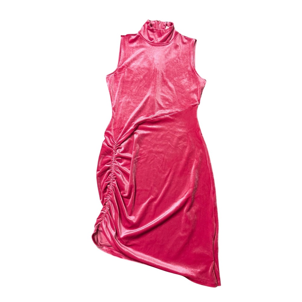 The Drop Fabia Luminous‎ Pink Velvet Sleeveless Mock Neck Ruched Dress S